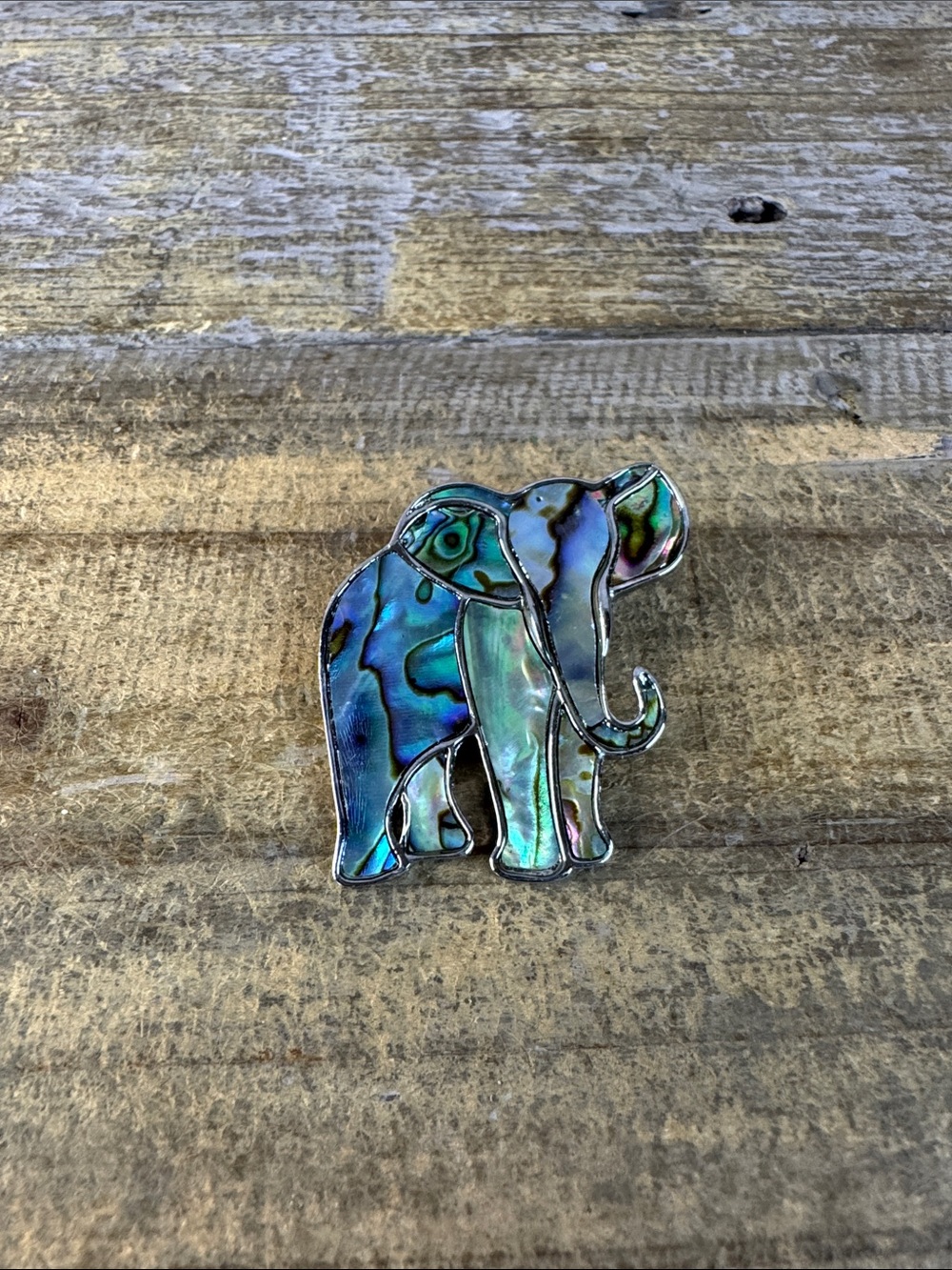 Abalone Inlay Elephant Pin Brooch - Iridescent Blue-Green